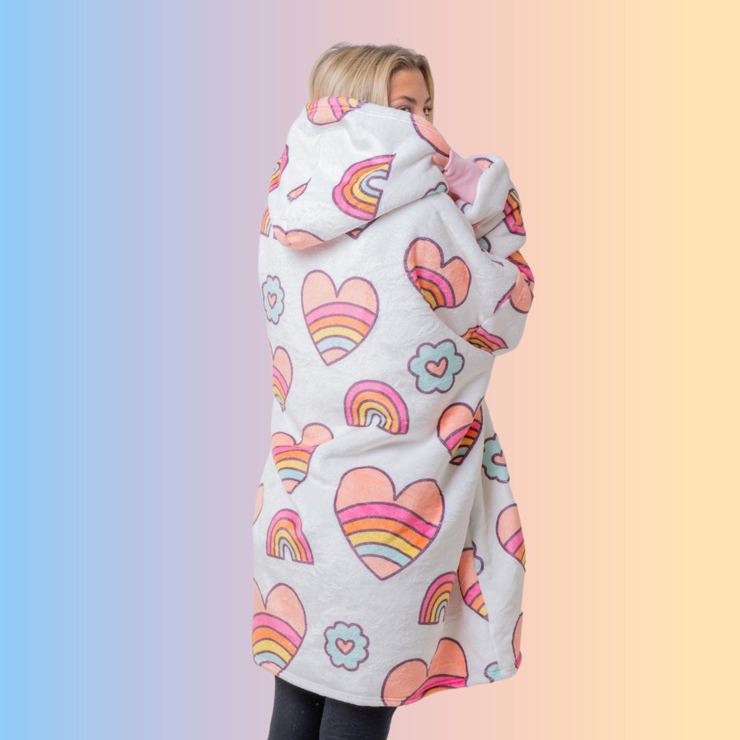 Rainbow Heart Hoodie Blanket Oversized Thick Sherpa Hoodie Snugclub One Size