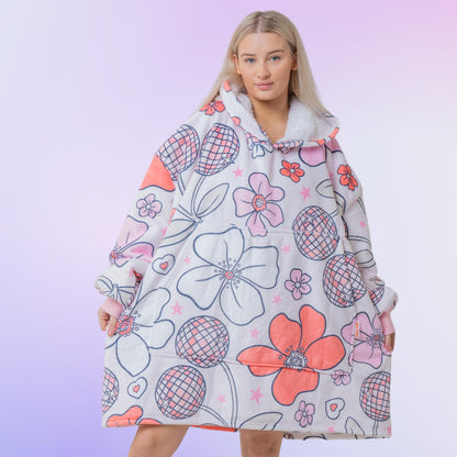 Cherry Flowers Retro Hoodie Blanket Oversized Thick Sherpa Hoodie Snugclub One Size
