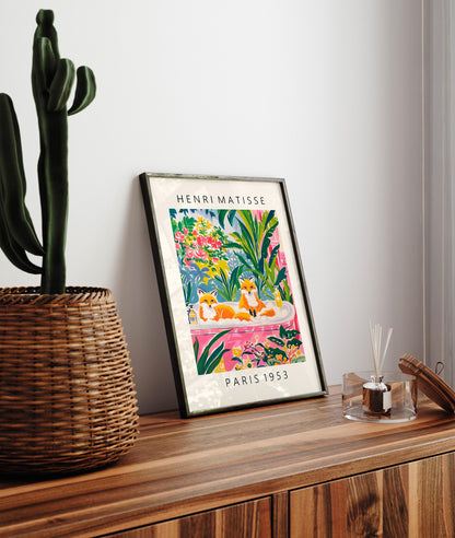 Foxes in Bathtub Art Print: Funny Bathroom Decor in Matisse Style
