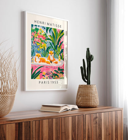 Foxes in Bathtub Art Print: Funny Bathroom Decor in Matisse Style