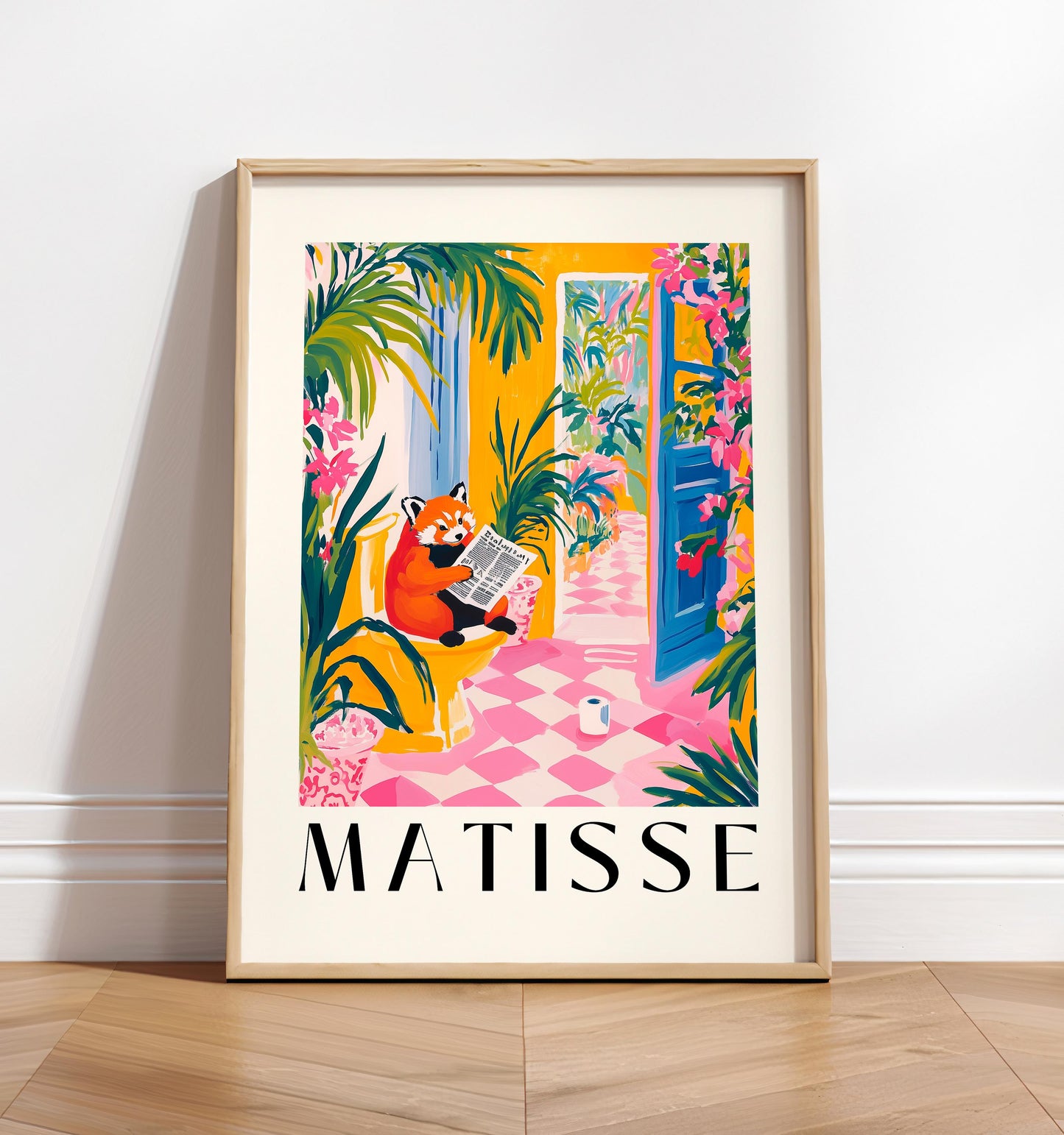 Red panda on a toilet, Funny bathroom wall art, Matisse print, Dopamine decor
