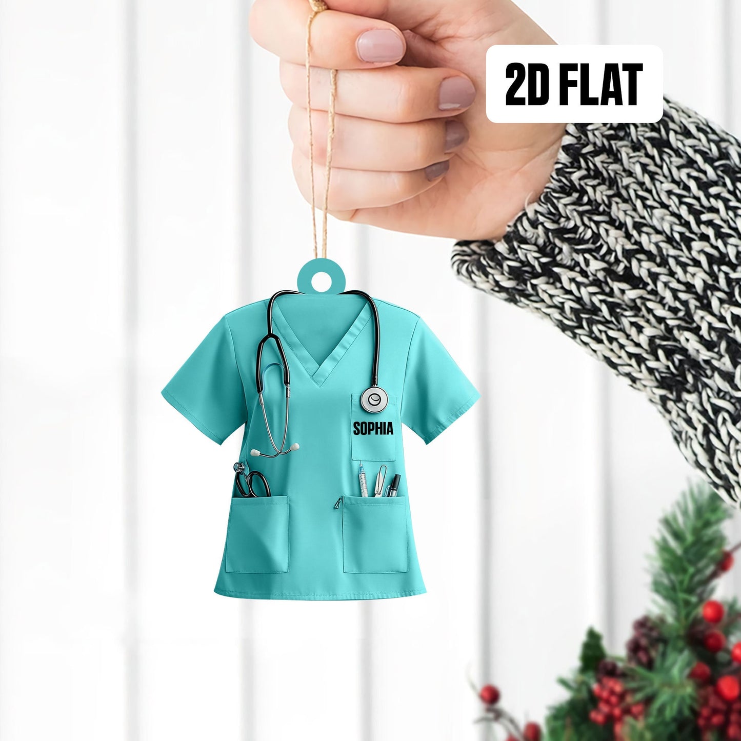 Personalized Nurse Scrubs 2D Flat Ornament, Custom Name Nurse Uniform Car Ornament, Nurse Gift For Nurse Flat Ornament, Stethoscope Nurse