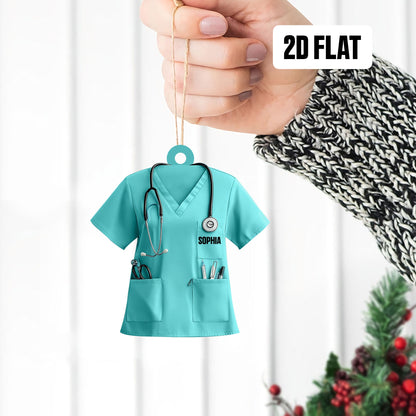 Personalized Nurse Scrubs 2D Flat Ornament, Custom Name Nurse Uniform Car Ornament, Nurse Gift For Nurse Flat Ornament, Stethoscope Nurse