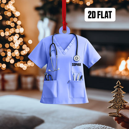 Personalized Nurse Scrubs 2D Flat Ornament, Custom Name Nurse Uniform Car Ornament, Nurse Gift For Nurse Flat Ornament, Stethoscope Nurse