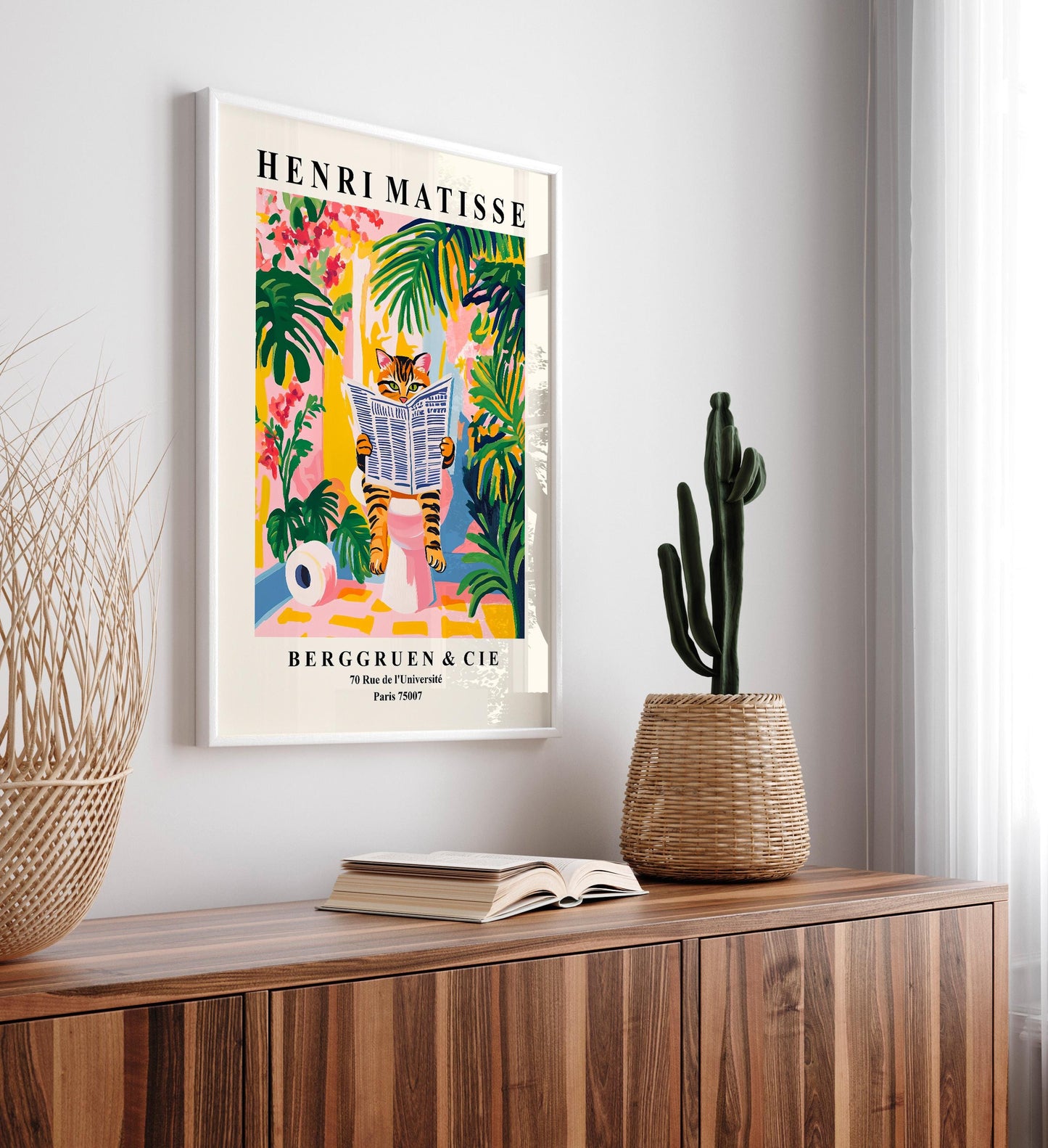 Tabby Cat on Toilet Art Print: Funny Matisse Style Bathroom Wall Art