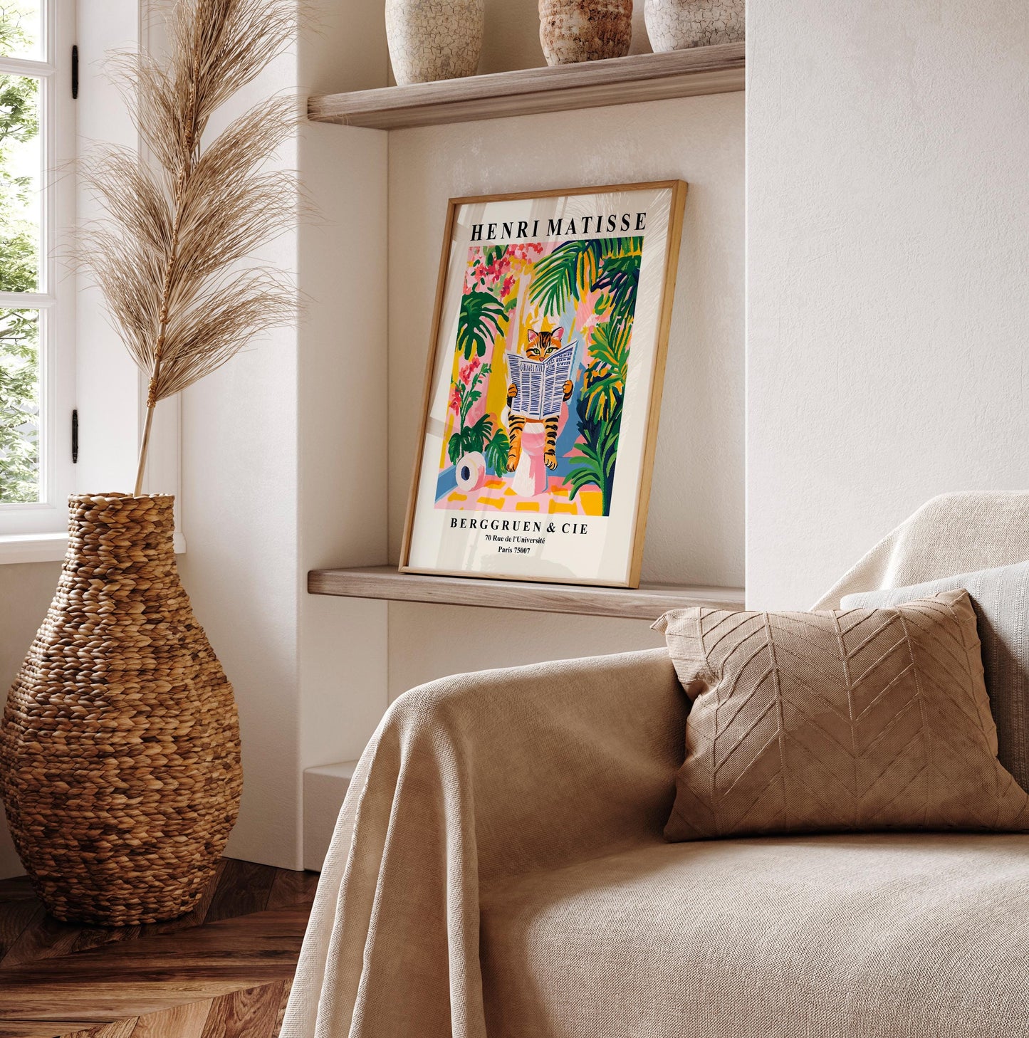 Tabby Cat on Toilet Art Print: Funny Matisse Style Bathroom Wall Art