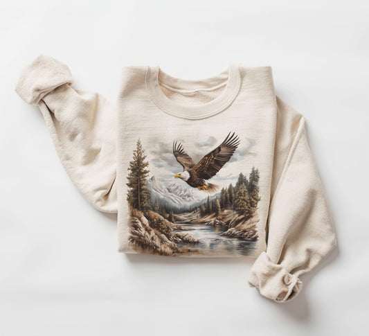 Retro Bald Eagle River Scene Sweatshirt - 90s Birds Of Prey Forest Nature Outfit - Boho Unisex Crewneck Sweatshirt