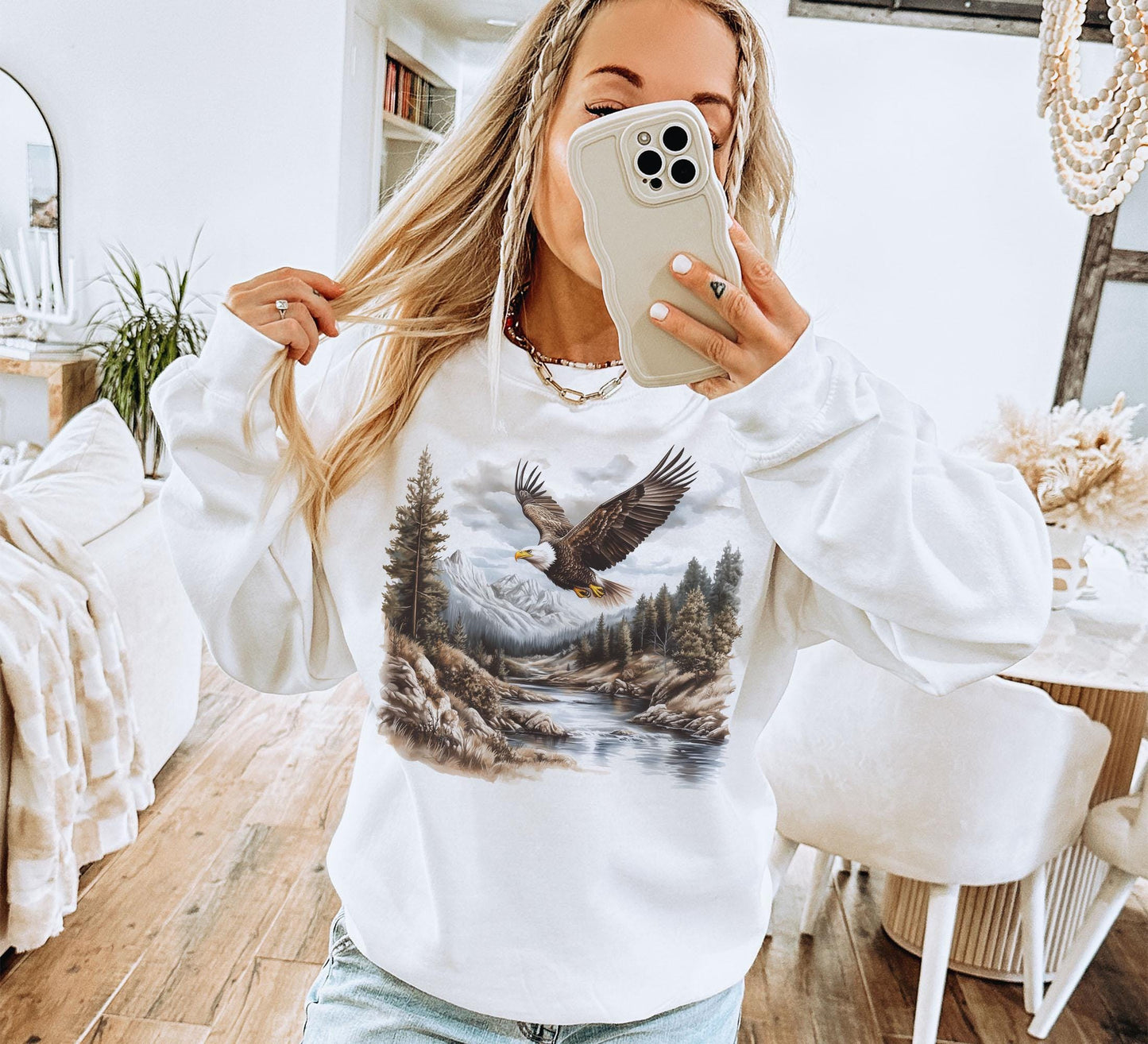 Retro Bald Eagle River Scene Sweatshirt - 90s Birds Of Prey Forest Nature Outfit - Boho Unisex Crewneck Sweatshirt