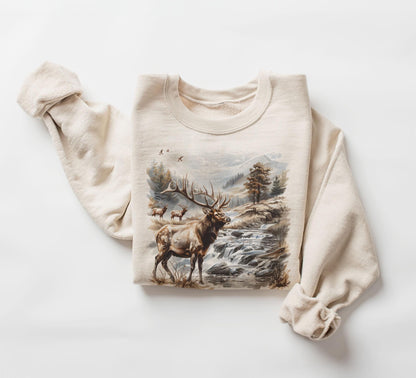 Retro Bull Elk Wilderness Scene Sweatshirt - Nineties Vintage Elk Nature Outfit - Boho Unisex Crewneck Sweatshirt