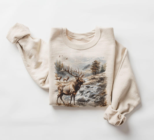 Retro Bull Elk Wilderness Scene Sweatshirt - Nineties Vintage Elk Nature Outfit - Boho Unisex Crewneck Sweatshirt