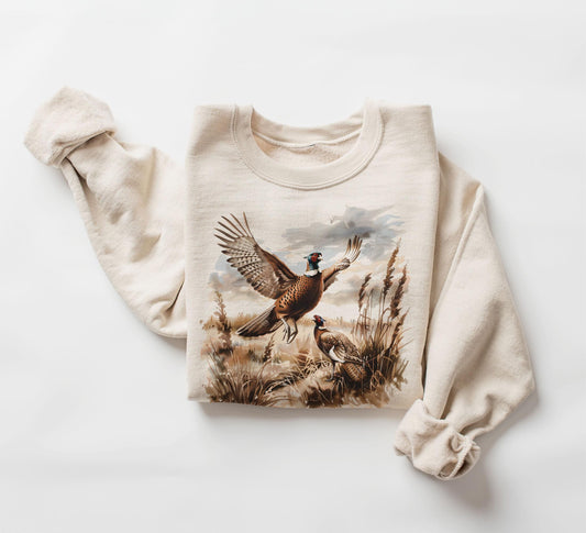 Retro Pheasant Bird Wilderness Scene Sweatshirt - 90's Vintage Game Birds Outfit - Boho Unisex Crewneck Sweatshirt
