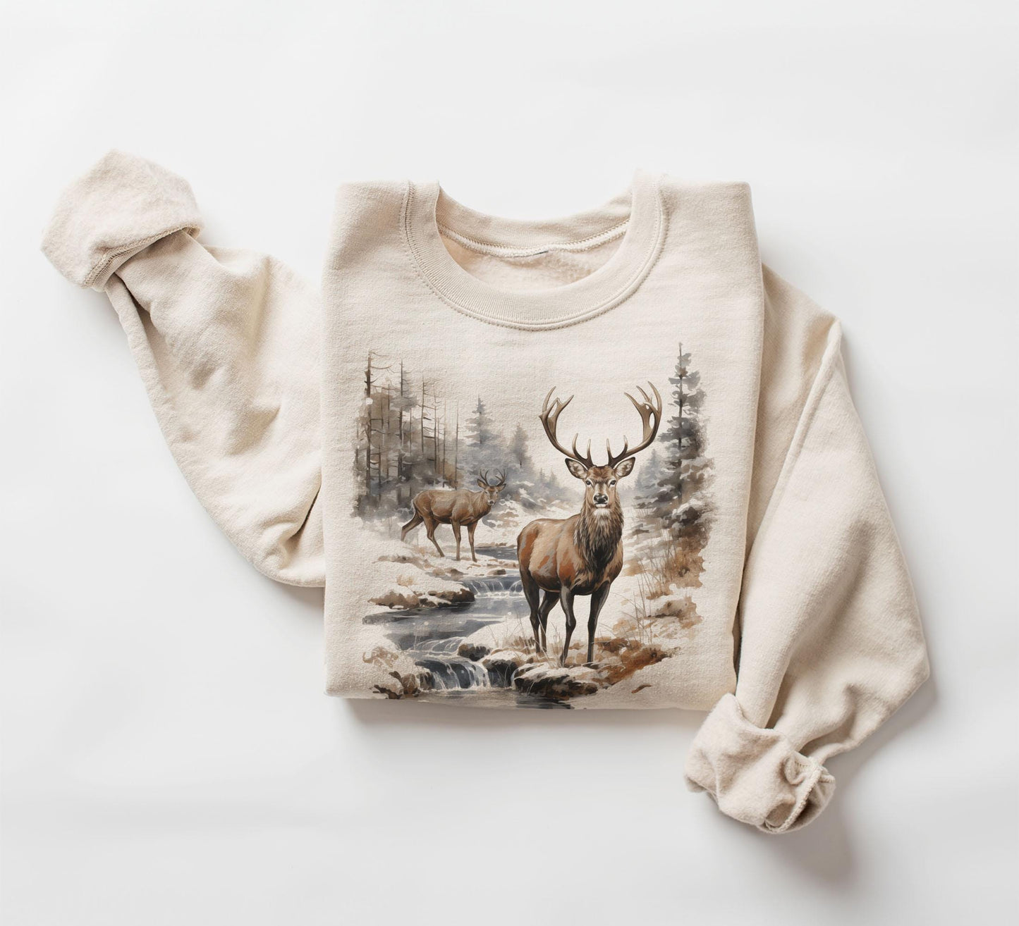 Retro Deer Wilderness Scene Sweatshirt - Nineties Vintage Buck And Doe Deer Outfit - Boho Unisex Crewneck Sweatshirt