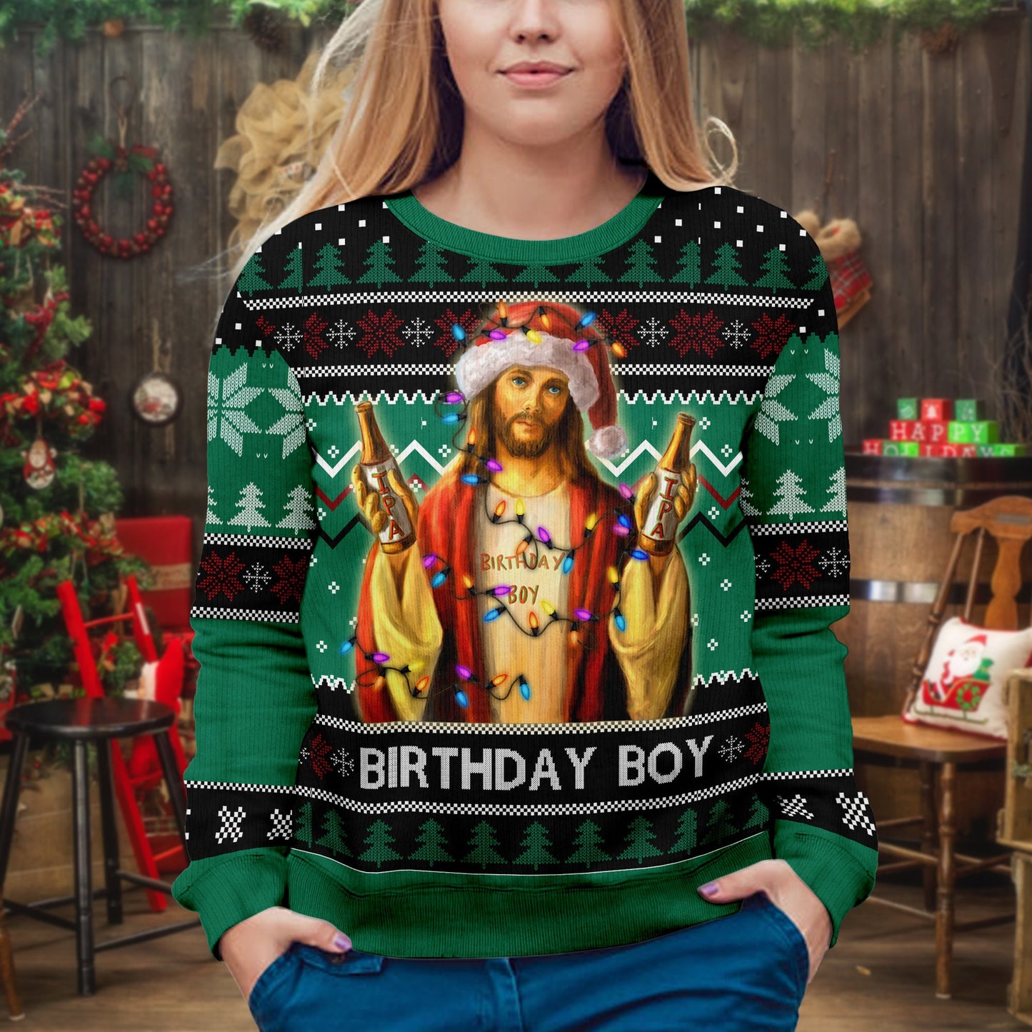 Funny Jesus Birthday Ugly Christmas Sweater: Unisex Adult Crew Neck