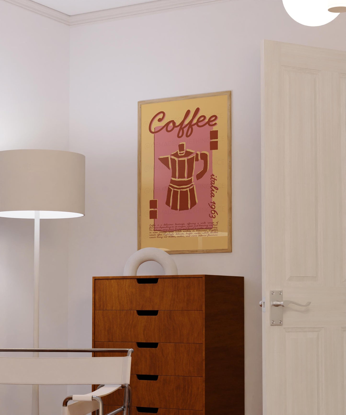Coffee Poster, Kitchen Art, Kitchen Poster, Kitchen Print, Moka Pot, Modern Kitchen Decor, Retro Poster, Exhibition Poster, Pink Wall Art