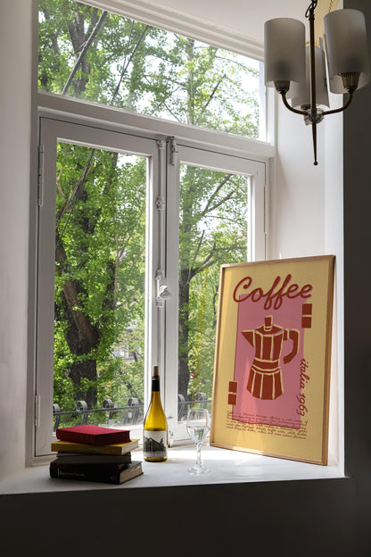 Coffee Poster, Kitchen Art, Kitchen Poster, Kitchen Print, Moka Pot, Modern Kitchen Decor, Retro Poster, Exhibition Poster, Pink Wall Art