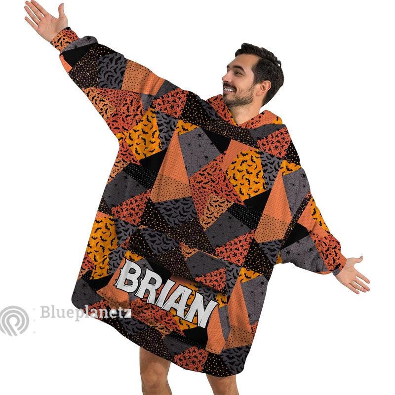 Custom Name Halloween Hoodies Blanket, Personalized Wearable Hoodie Blanket, Custom Halloween Pattern Oversized Blanket
