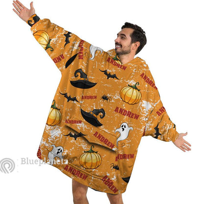 Custom Name Halloween Hoodies Blanket, Personalized Wearable Hoodie Blanket, Custom Pumpkin Witch Hat Ghost Oversized Blanket