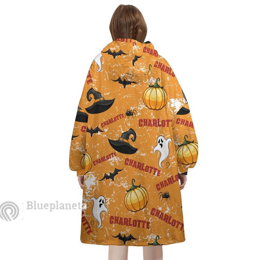 Custom Name Halloween Hoodies Blanket, Personalized Wearable Hoodie Blanket, Custom Pumpkin Witch Hat Ghost Oversized Blanket