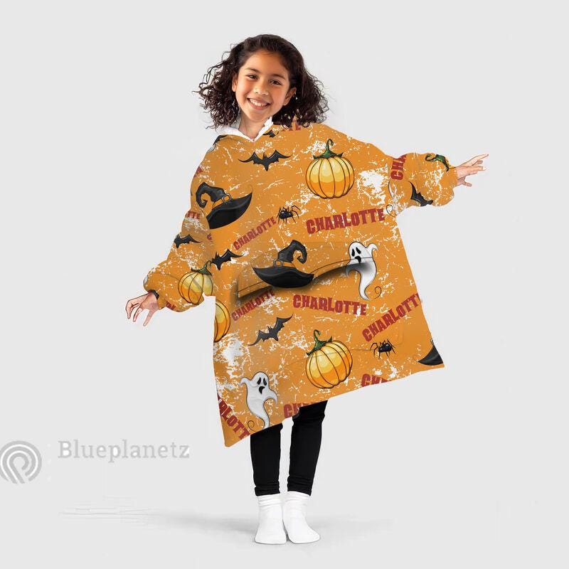 Custom Name Halloween Hoodies Blanket, Personalized Wearable Hoodie Blanket, Custom Pumpkin Witch Hat Ghost Oversized Blanket