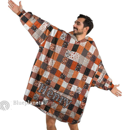 Custom Name Halloween Hoodies Blanket, Personalized Wearable Hoodie Blanket, Custom Halloween Pattern Oversized Blanket