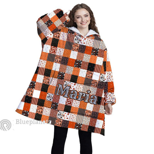Custom Name Halloween Hoodies Blanket, Personalized Wearable Hoodie Blanket, Custom Halloween Pattern Oversized Blanket