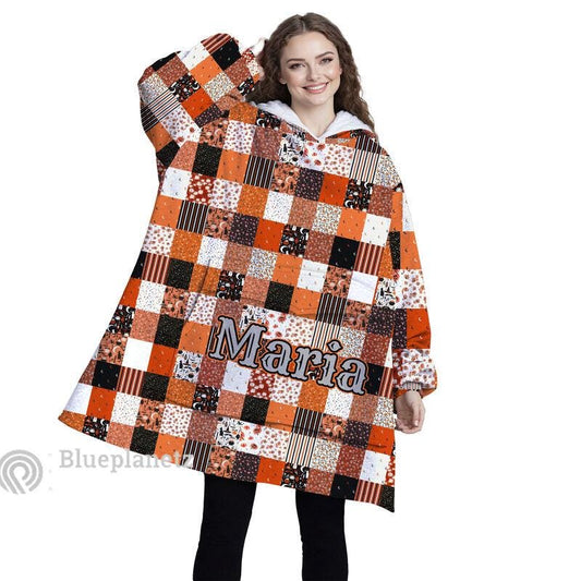 Custom Name Halloween Hoodies Blanket, Personalized Wearable Hoodie Blanket, Custom Halloween Pattern Oversized Blanket