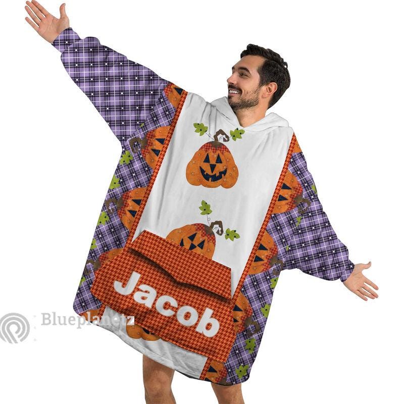 Custom Name Halloween Hoodies Blanket, Personalized Wearable Hoodie Blanket, Custom Pumpkin Oversized Blanket