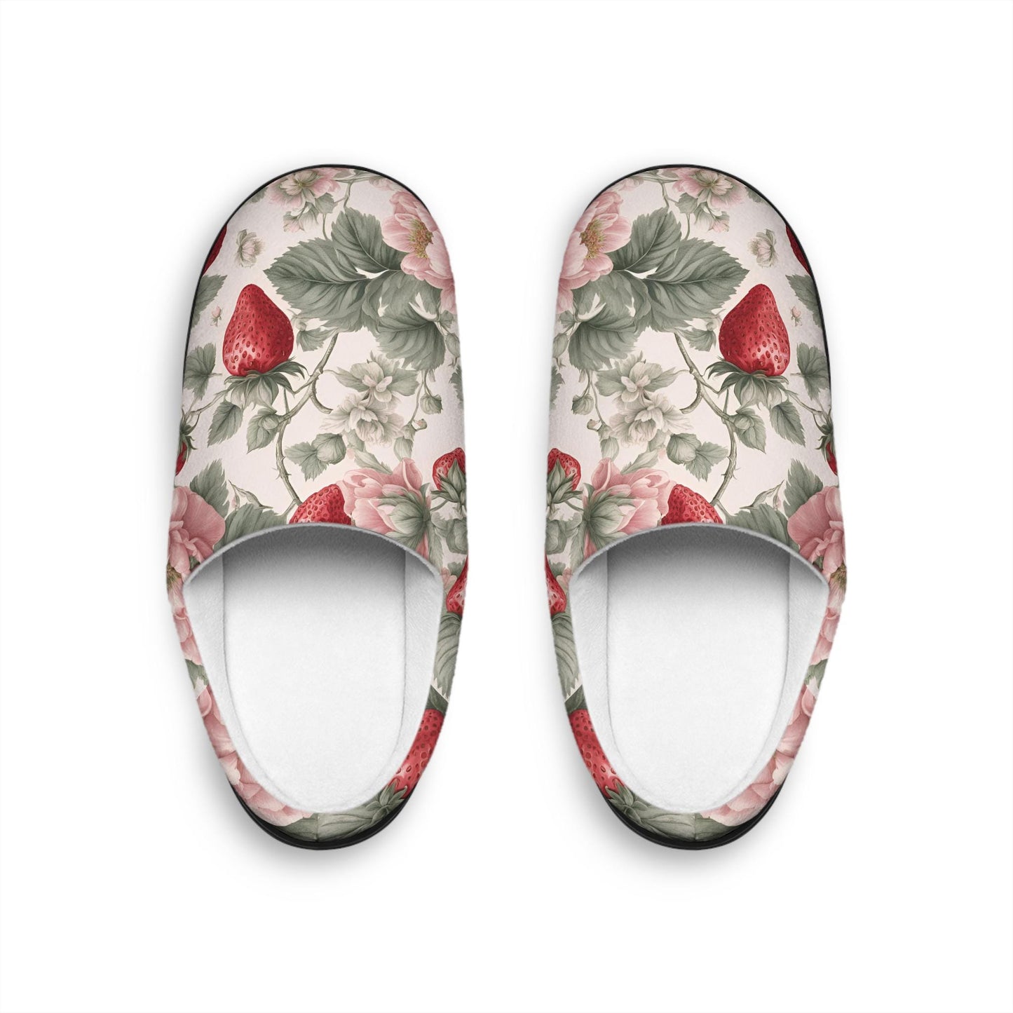WomenSlippers French Toile Women's Indoor HouseShoes RedStrawberry Pink and WhiteFlowers Design Comfy Slip On's Fruit FloralPattern