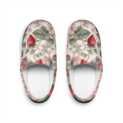 WomenSlippers French Toile Women's Indoor HouseShoes RedStrawberry Pink and WhiteFlowers Design Comfy Slip On's Fruit FloralPattern