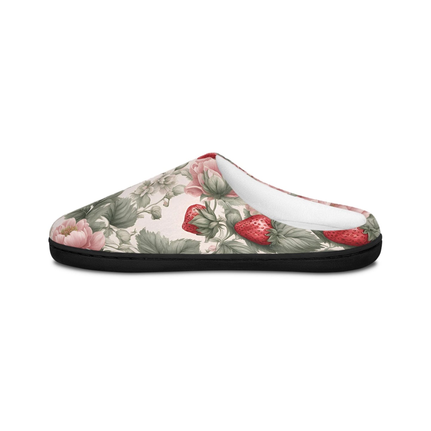 WomenSlippers French Toile Women's Indoor HouseShoes RedStrawberry Pink and WhiteFlowers Design Comfy Slip On's Fruit FloralPattern