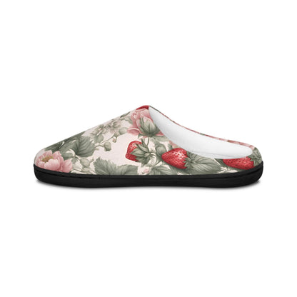 WomenSlippers French Toile Women's Indoor HouseShoes RedStrawberry Pink and WhiteFlowers Design Comfy Slip On's Fruit FloralPattern