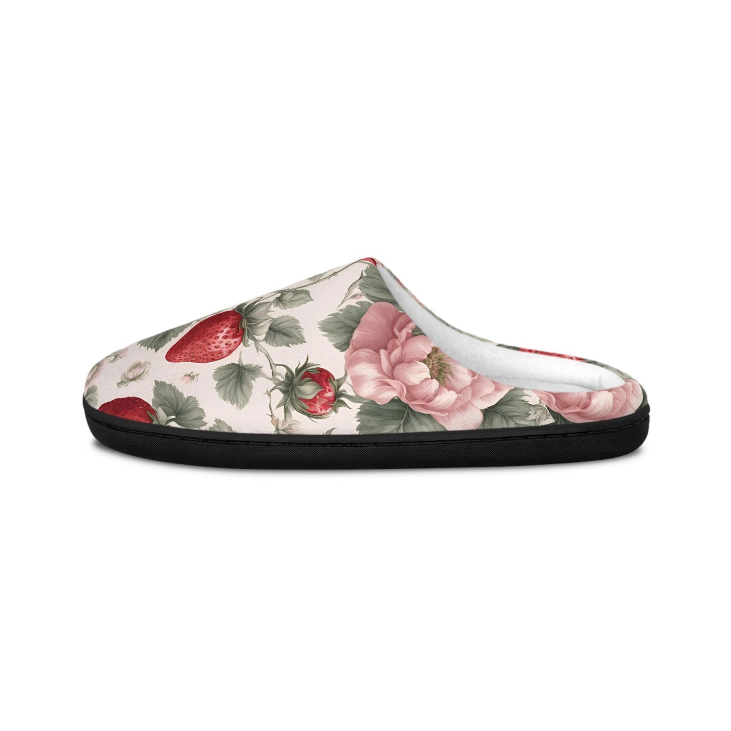 WomenSlippers French Toile Women's Indoor HouseShoes RedStrawberry Pink and WhiteFlowers Design Comfy Slip On's Fruit FloralPattern