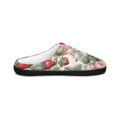 WomenSlippers French Toile Women's Indoor HouseShoes RedStrawberry Pink and WhiteFlowers Design Comfy Slip On's Fruit FloralPattern