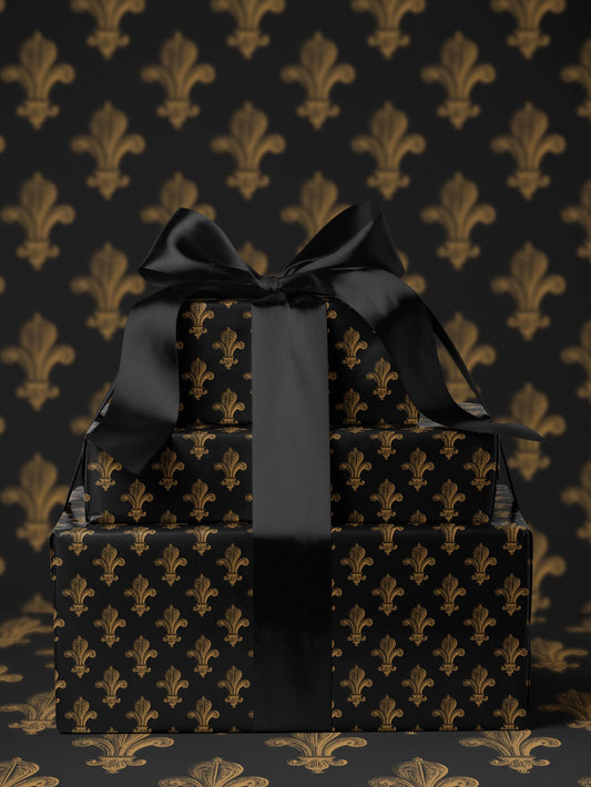 Vintage Fleur de Lis Wrapping Paper Black and Gold Gift Wrap Elegant Wrapping Paper Mardi Gras Decor Gothic Style Louisiana Football Gift