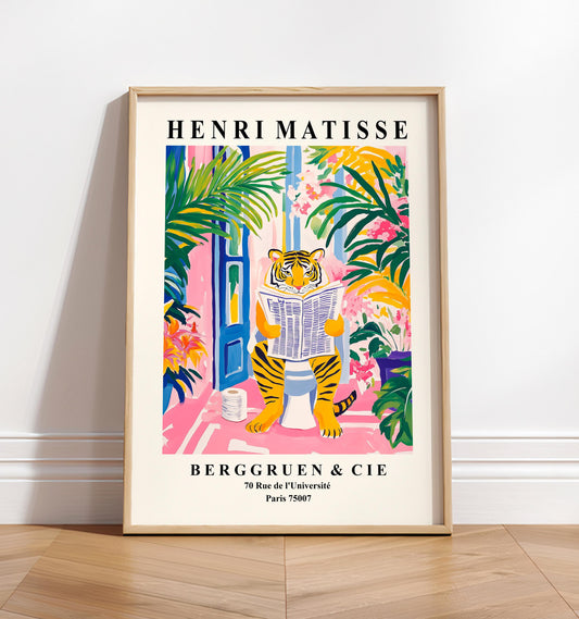 Funny Tiger Bathroom Print: Matisse Style Pink Decor