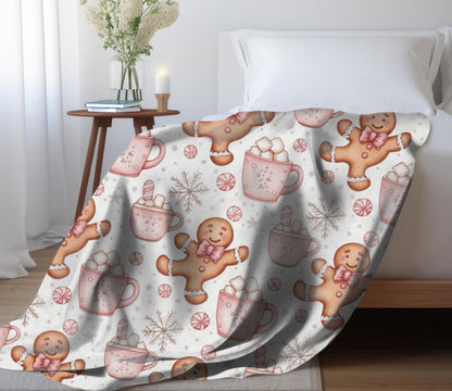Gingerbread Man Blanket Christmas Coquette Bow Gingerbread Fleece Throw Pink Holiday Home Decor Hot Cocoa Christmas Gift for Family Friends