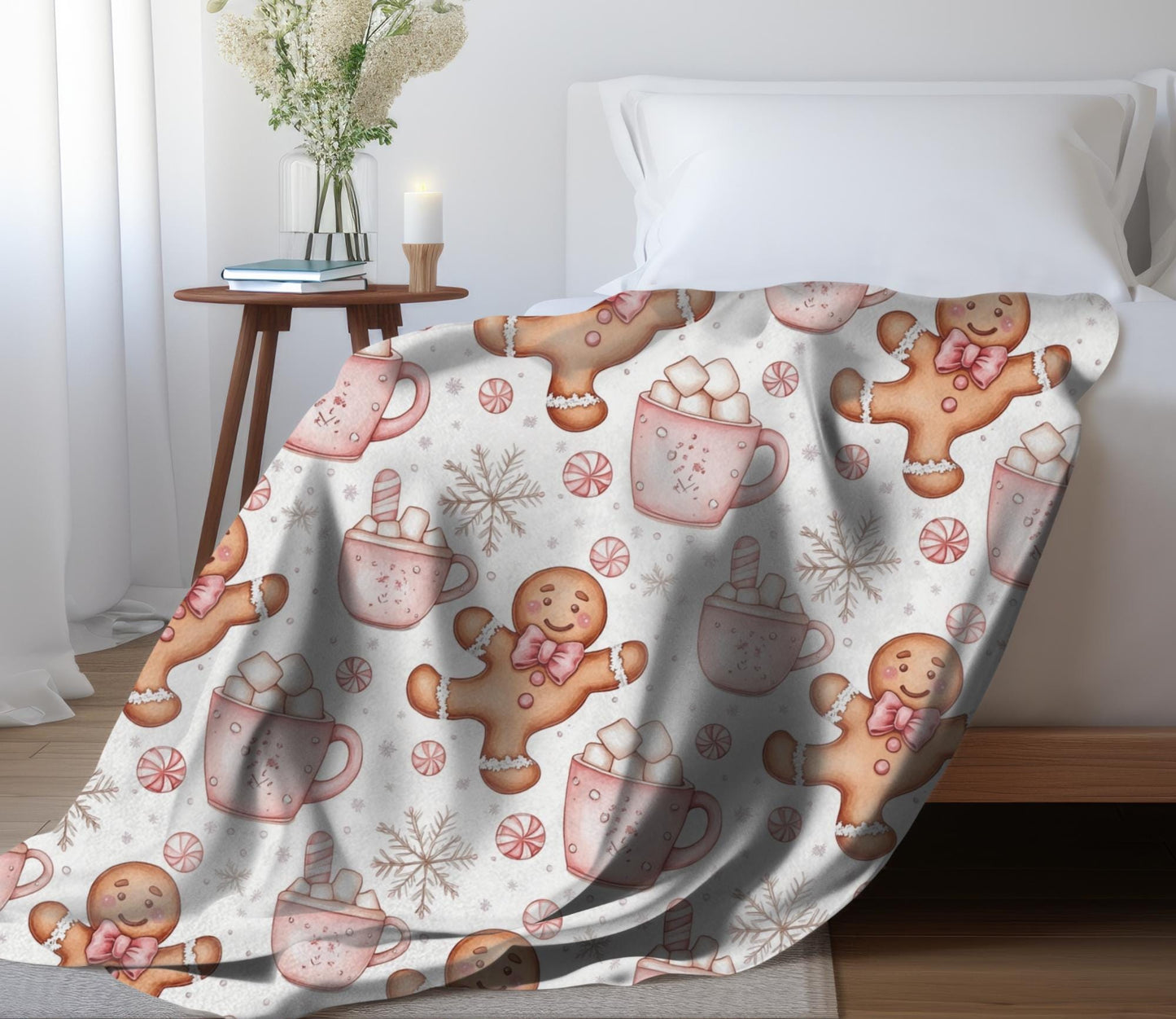 Gingerbread Man Blanket Christmas Coquette Bow Gingerbread Fleece Throw Pink Holiday Home Decor Hot Cocoa Christmas Gift for Family Friends