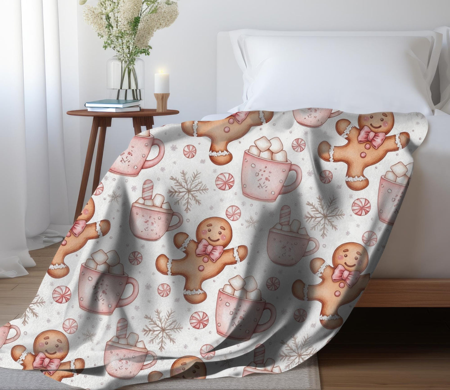 Gingerbread Christmas Blanket Coquette Pink Bow Gingerbread Fleece Throw Pink Holiday Home Decor Hot Cocoa Christmas Gift for Family Friends