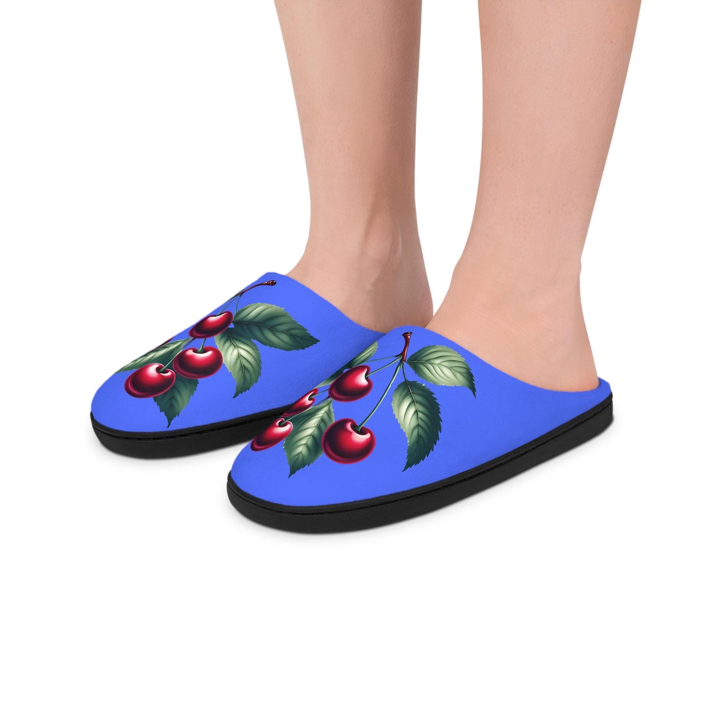 Women'sSlippers CornflowerBlue IndoorSlippers w/ Fruitful Cherry Design Cozy HouseShoes for Homely Comfort Fruit Cherry Slippers Giftfor Her
