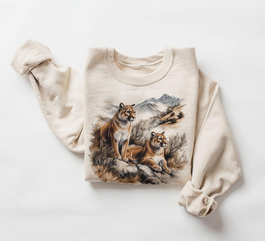 Retro Mountain Lion Mountain Winter Scene Sweatshirt - Nineties Vintage Cougar Cat Wildlife Outfit - Boho Unisex Crewneck Sweatshirt