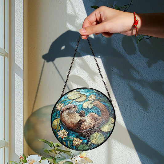 Swimming Otter Stained Glass Suncatcher, Funny Otter Glass Decor, Otter Lovers Gift, Gift For Her, Funny Animal Decor, Animal Lovers Gift