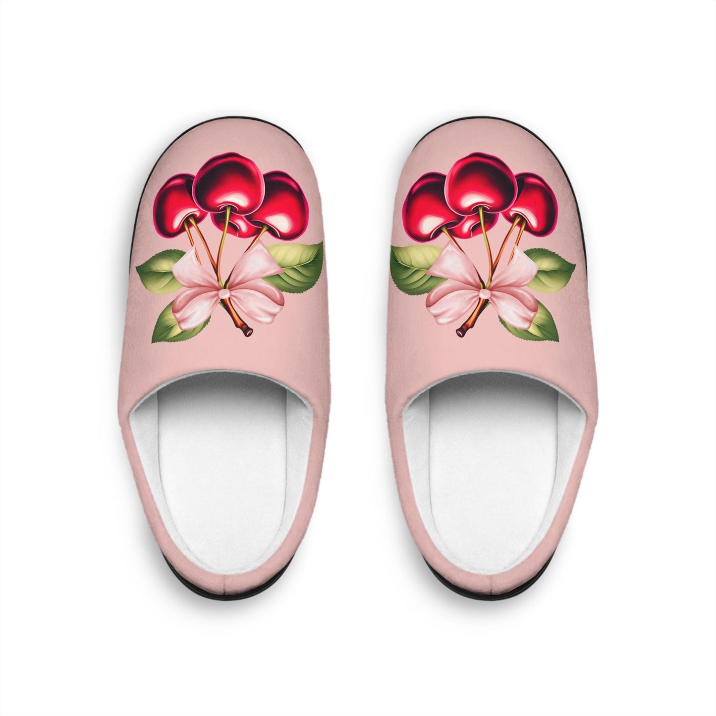 PinkCoquette PinkBow Women's Slippers DarkRed Cherries and LightPink Bow - Cute and Cozy Footwear for Everyday Comfort Fruit Cherry Slippers