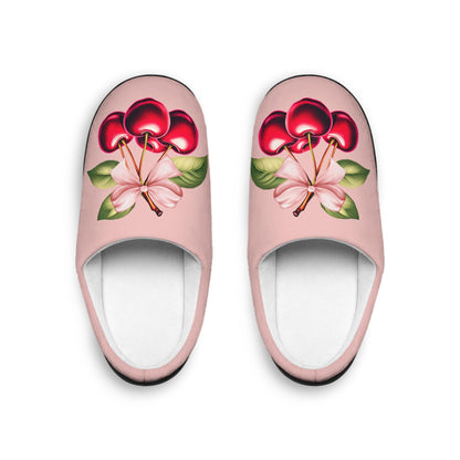 PinkCoquette PinkBow Women's Slippers DarkRed Cherries and LightPink Bow - Cute and Cozy Footwear for Everyday Comfort Fruit Cherry Slippers