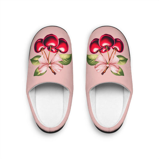 PinkCoquette PinkBow Women's Slippers DarkRed Cherries and LightPink Bow - Cute and Cozy Footwear for Everyday Comfort Fruit Cherry Slippers