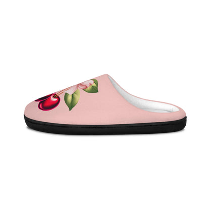 PinkCoquette PinkBow Women's Slippers DarkRed Cherries and LightPink Bow - Cute and Cozy Footwear for Everyday Comfort Fruit Cherry Slippers