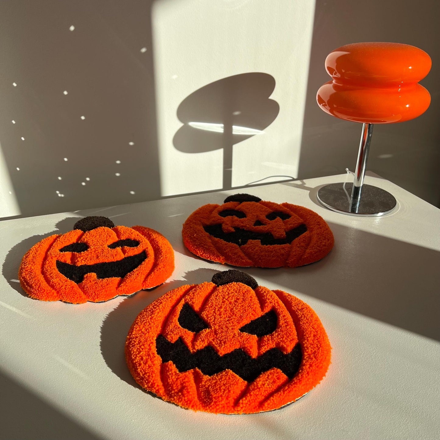 Halloween Pumpkin Coasters: Tufted Mini Rugs, Spooky Decor