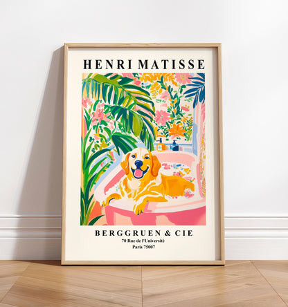 Golden Retriever in Bath Matisse Print: Funny Dog Bathroom Wall Art