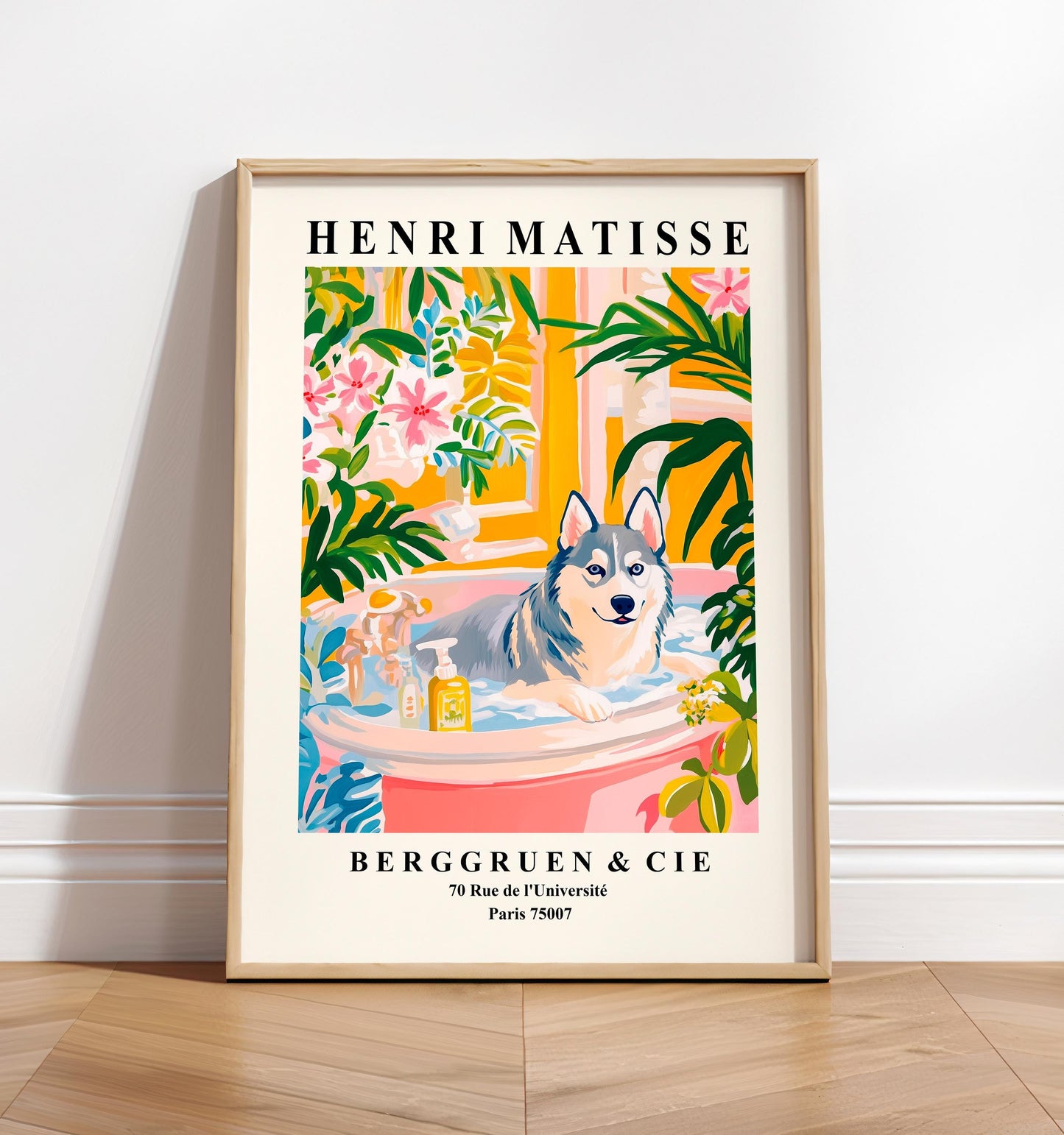 Husky in Bathtub Art Print: Matisse Style Dog Poster for Bathroom