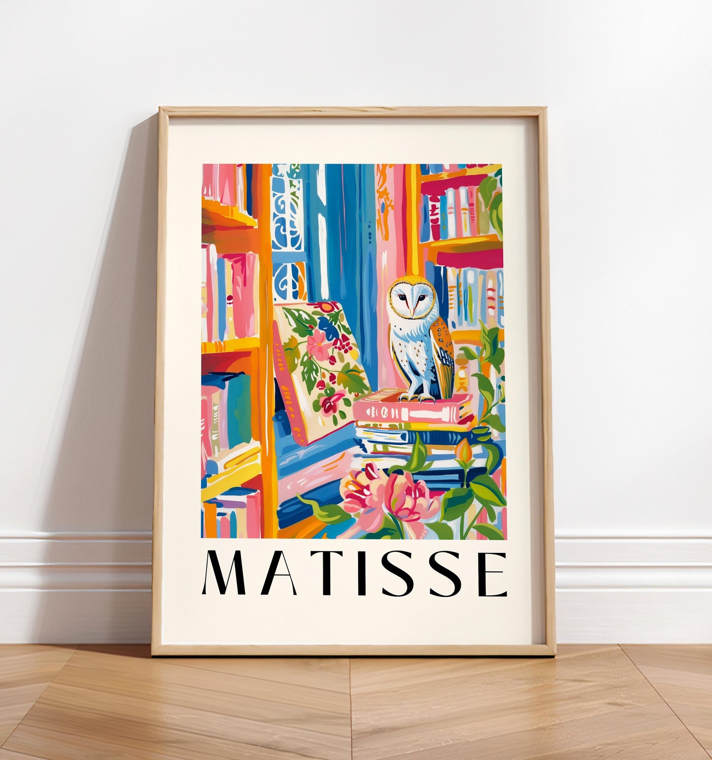 Barn Owl Print: Bookish Library, Pink Matisse Style Art