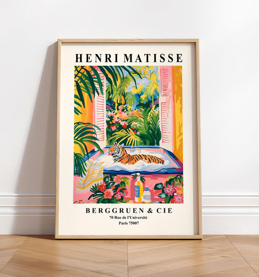 Tiger in Bathtub Art Print: Funny Matisse Style Bathroom Decor